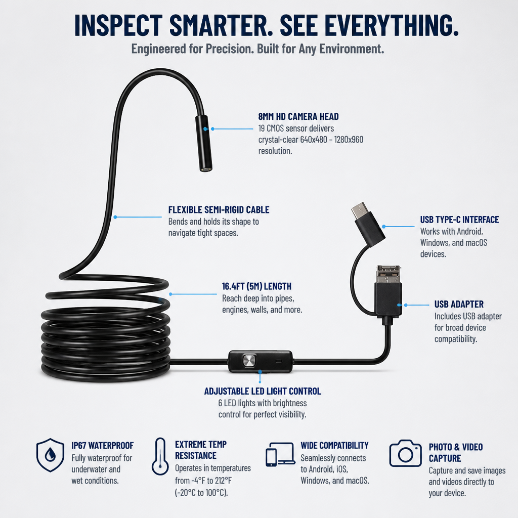 VisionPro™ Ultra HD Waterproof Endoscope — Spot Every Hidden Flaw with Rock-Solid Clarity and Durability