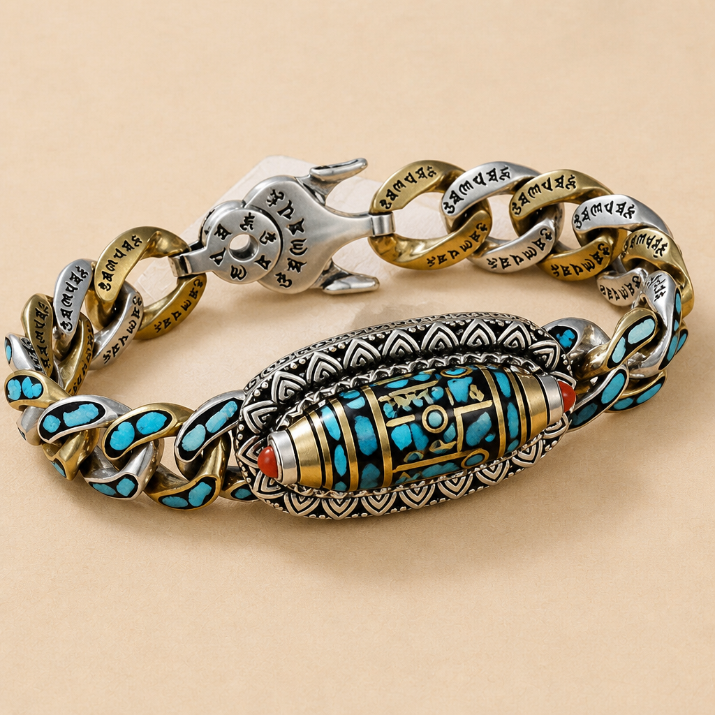 SereniStone™ – Tibetan Nine-Eyed Dzi Bead Bracelet with Turquoise Inlay