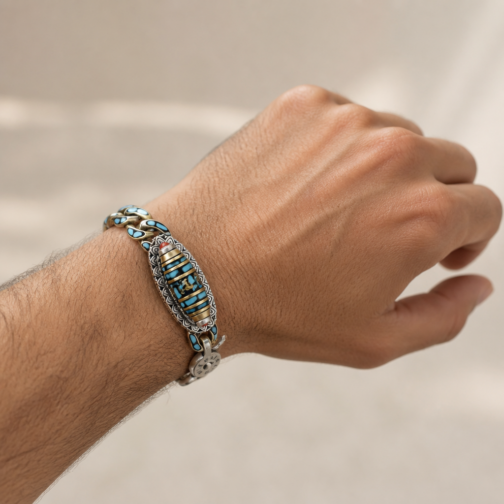 SereniStone™ – Tibetan Nine-Eyed Dzi Bead Bracelet with Turquoise Inlay