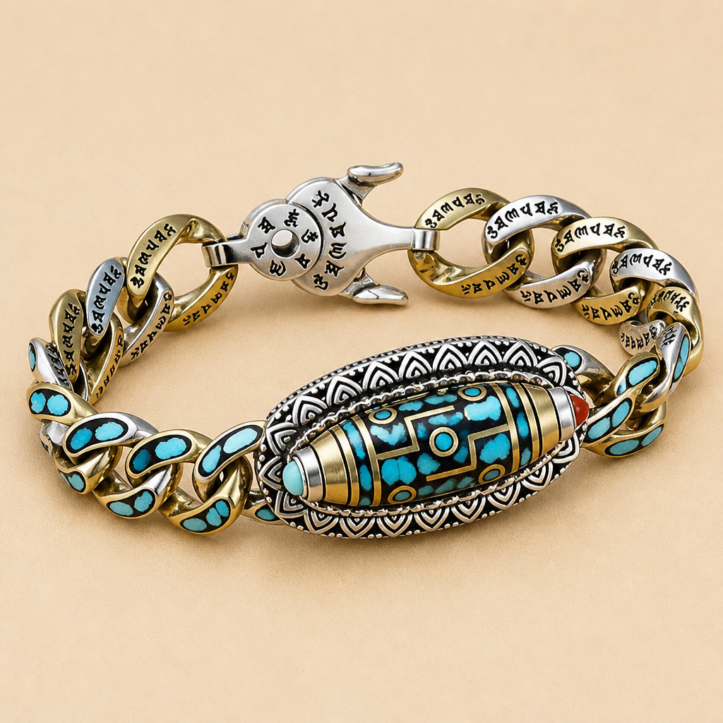 SereniStone™ – Tibetan Nine-Eyed Dzi Bead Bracelet with Turquoise Inlay