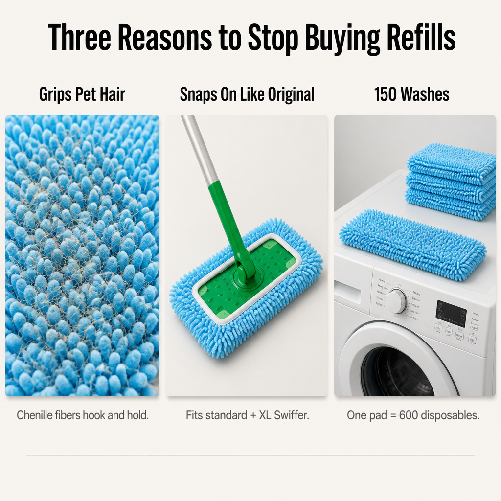 SwiftSleek™ — Snap-On Microfiber Pads That Grab Pet Hair Through 150 Washes