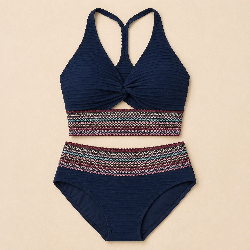 SereneShape™ – High-Waist Smocked Two-Piece Swimsuit with Tummy-Shaping Band