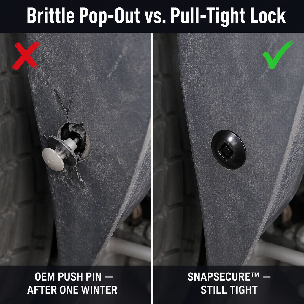 SnapSecure™ — Snap Loose Mudguards, Fender Liners, and Splash Shields Back Tight