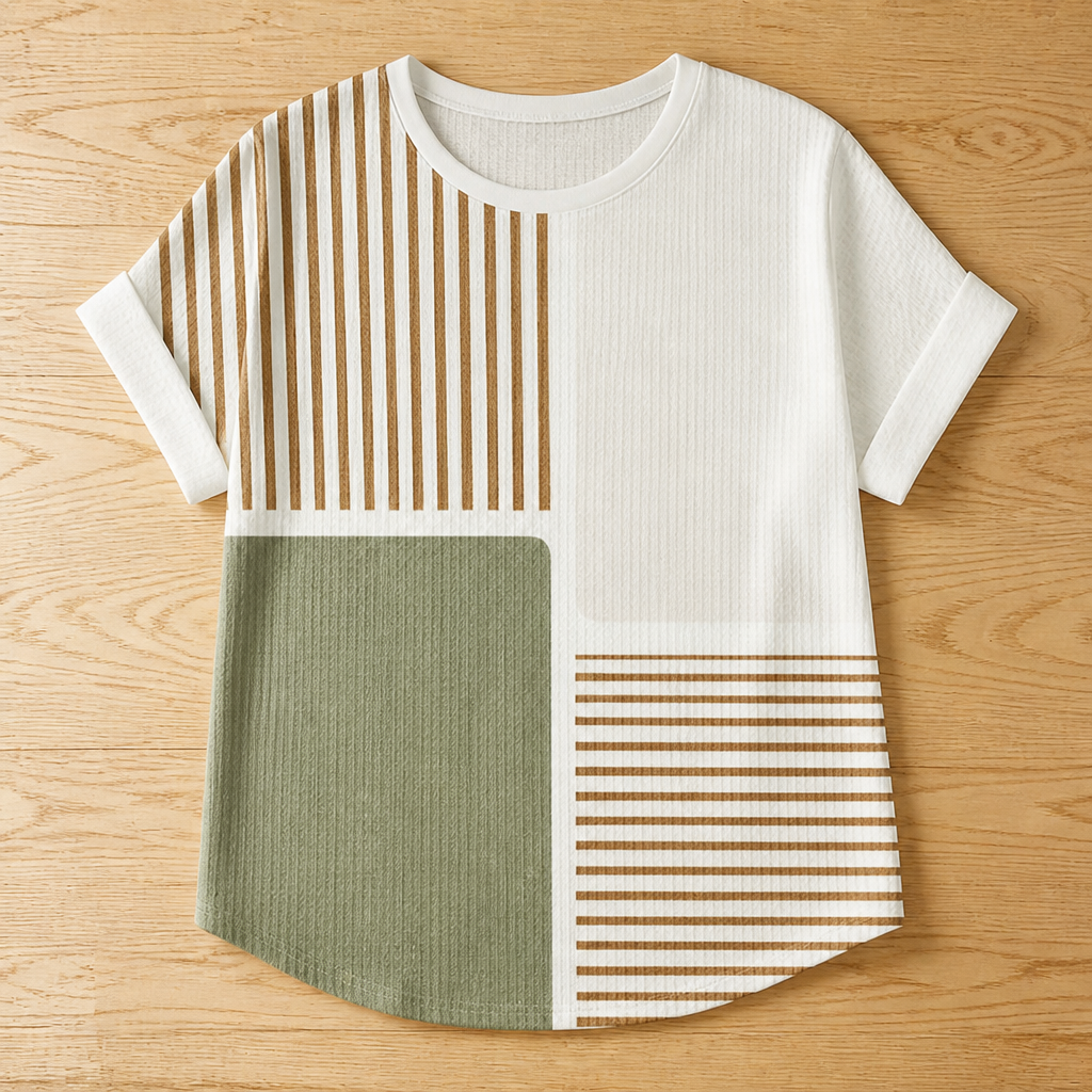 RadianceStripe™ – Relaxed Color-Block Tee with Striped Waffle Texture