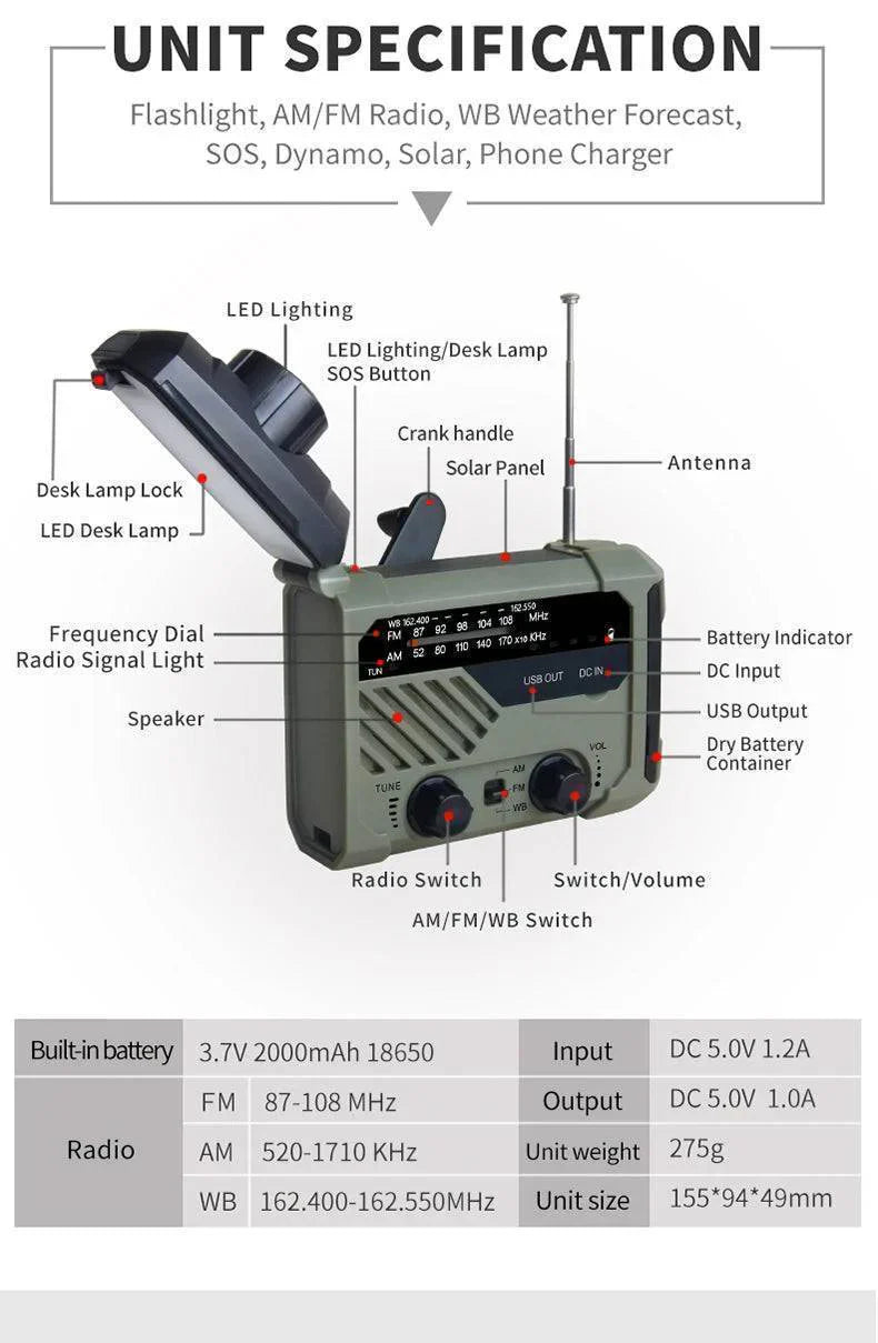 Hand Crank Solar Radio with Flashlight and Power Bank for Emergencies