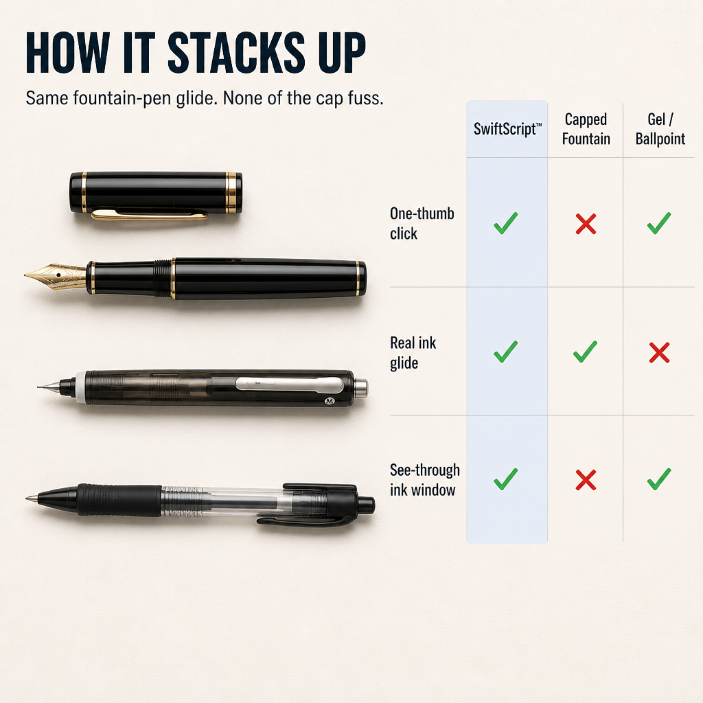 SwiftScript™ — Get Fountain-Pen Glide Without the Cap-Off Hassle