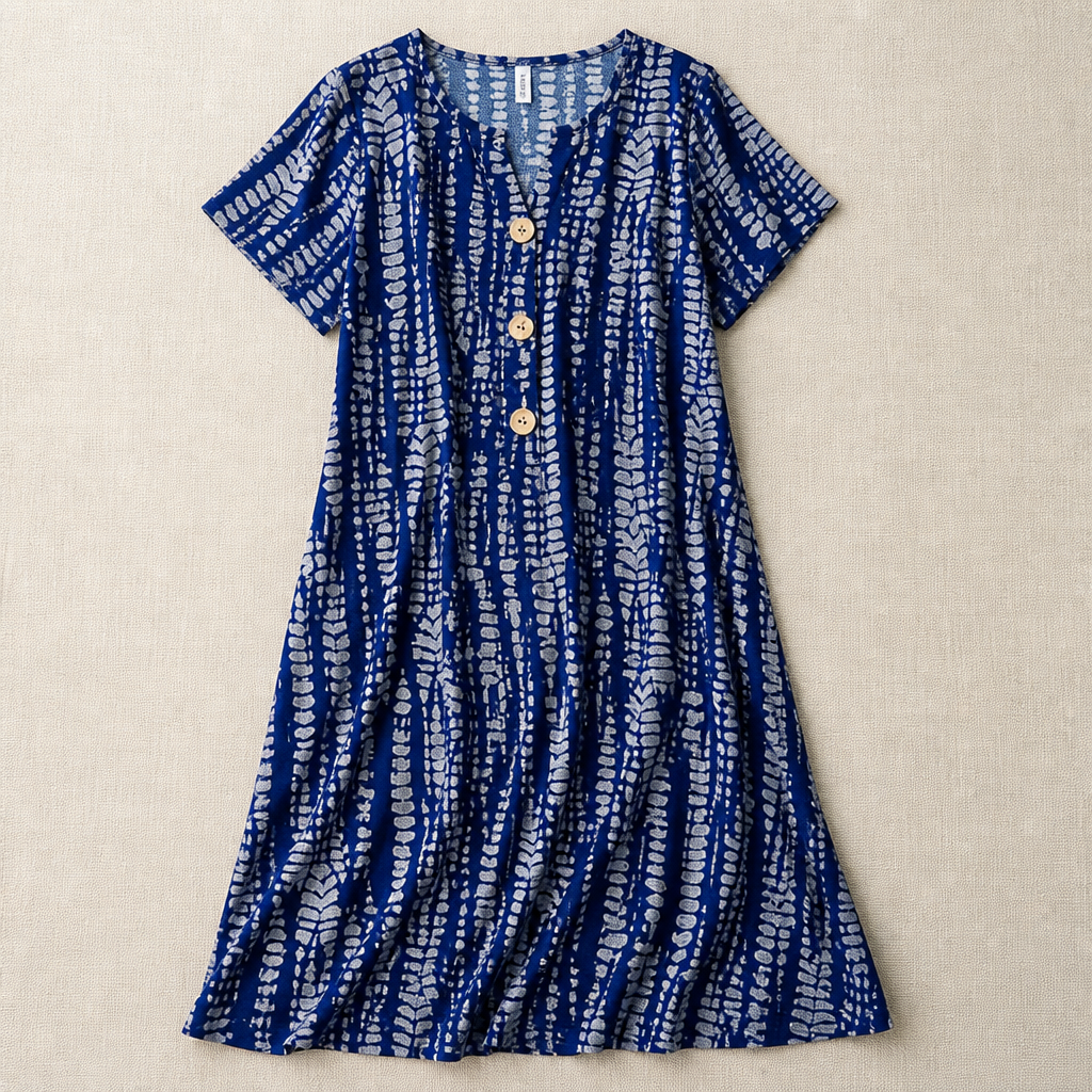 VelaMuse™ – Relaxed Button-Front Abstract Print Swing Dress with Pockets