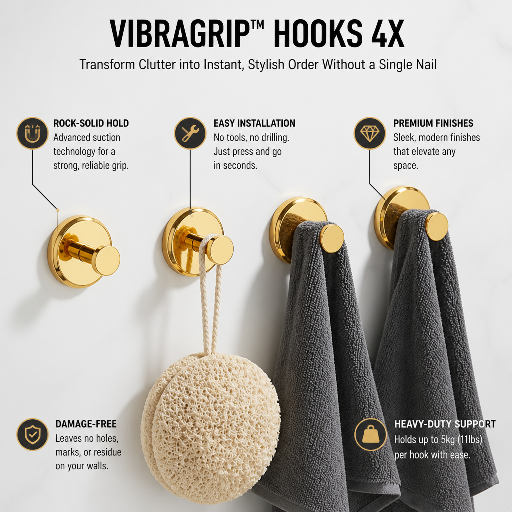 VibraGrip™ Hooks 4X — Transform Clutter into Instant, Stylish Order Without a Single Nail