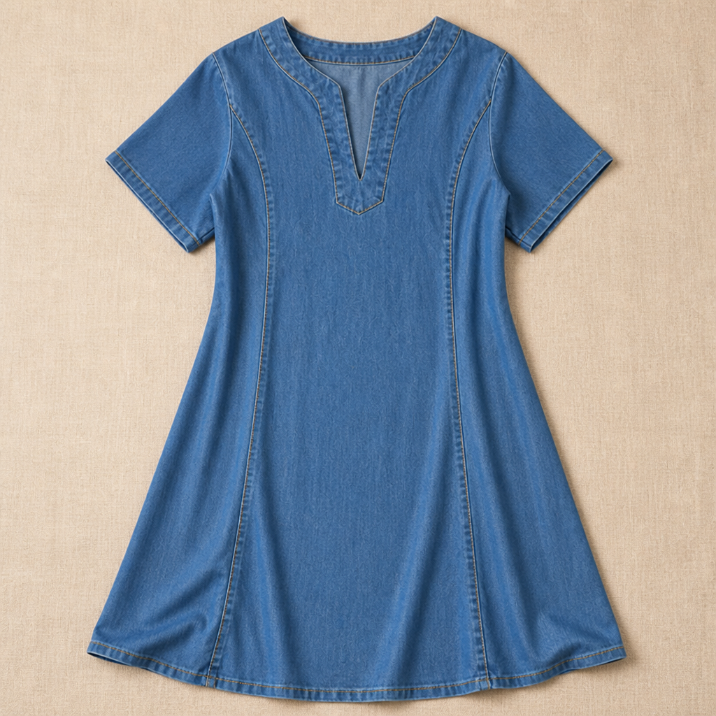 VarelaChic™ – Relaxed V-Neck Denim Shift Dress with Pockets