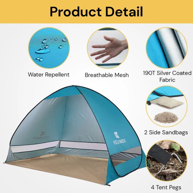 UV-Resistant Pop-Up Tent for Family Beach Outings with Wind Shield