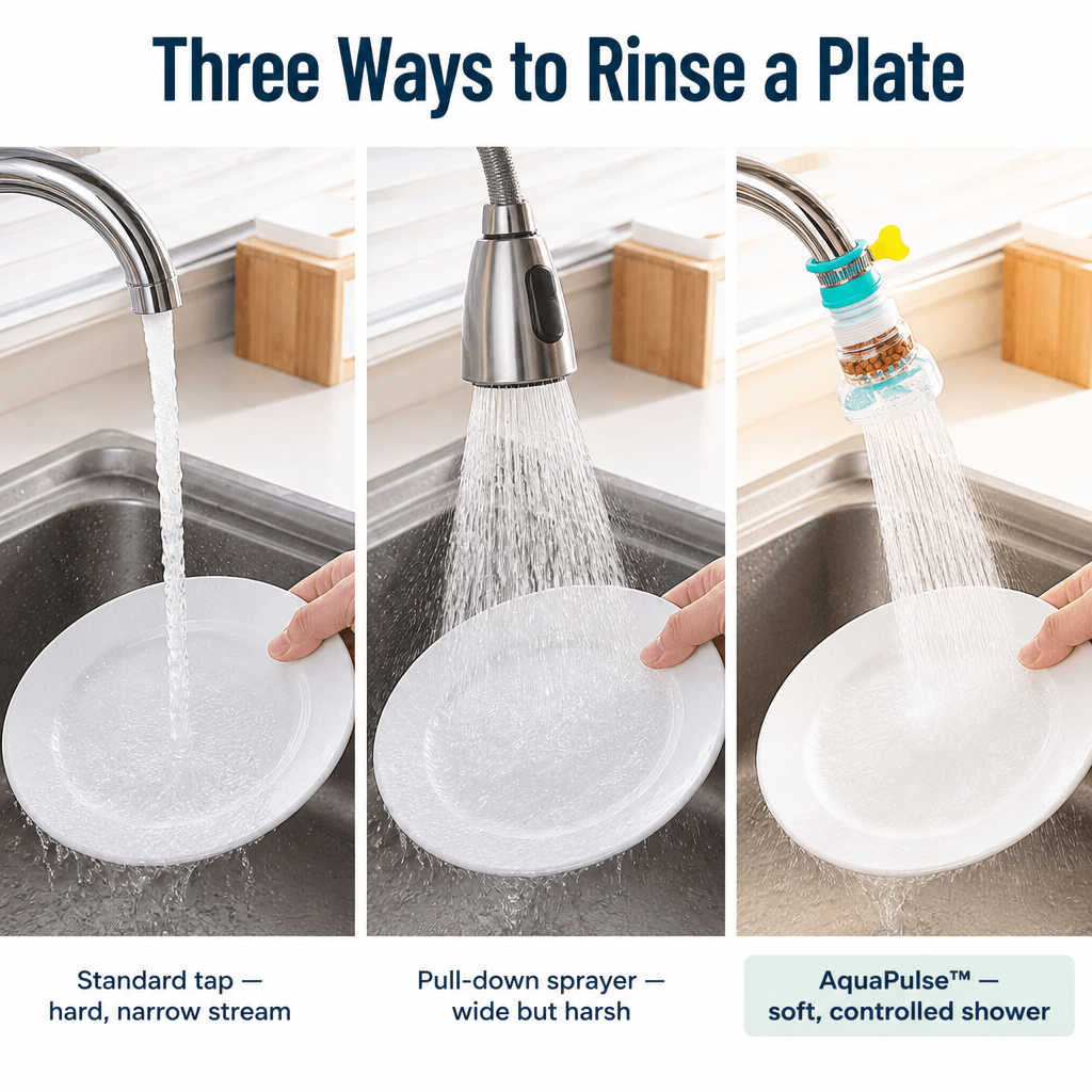 AquaPulse™ — Bend Your Faucet, Soften the Spray, End Countertop Splash