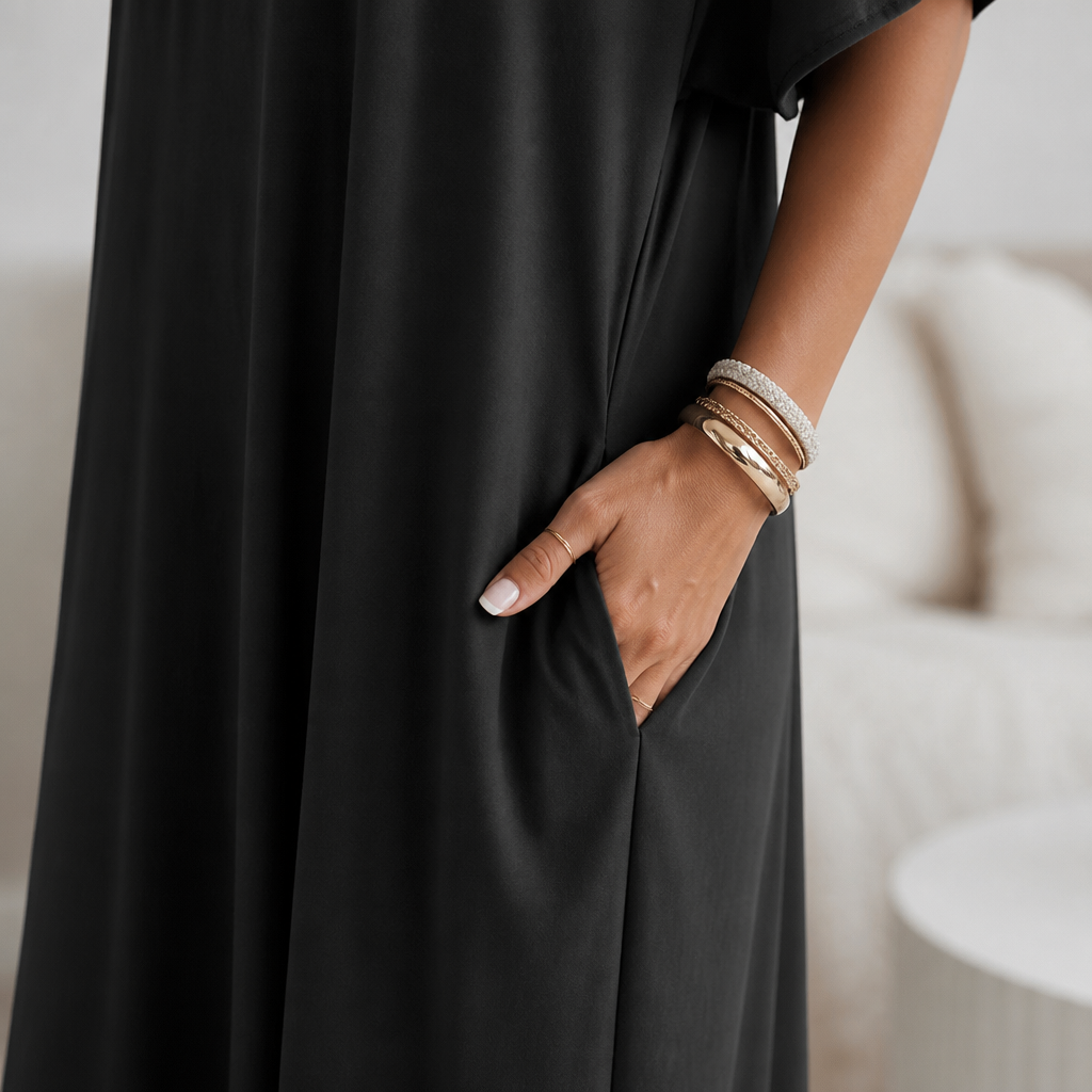 SolariaFlow™ – Relaxed Off-Shoulder Maxi Dress with Hidden Pockets