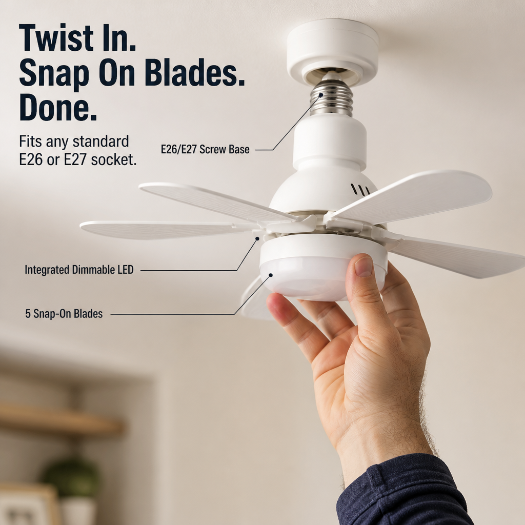 AirLume™ — Screw a Quiet Ceiling Fan + Bright LED Into Any Light Socket