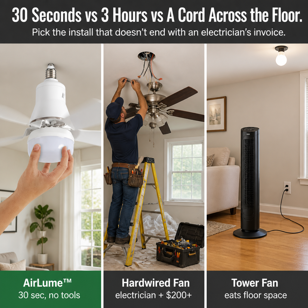 AirLume™ — Screw a Quiet Ceiling Fan + Bright LED Into Any Light Socket