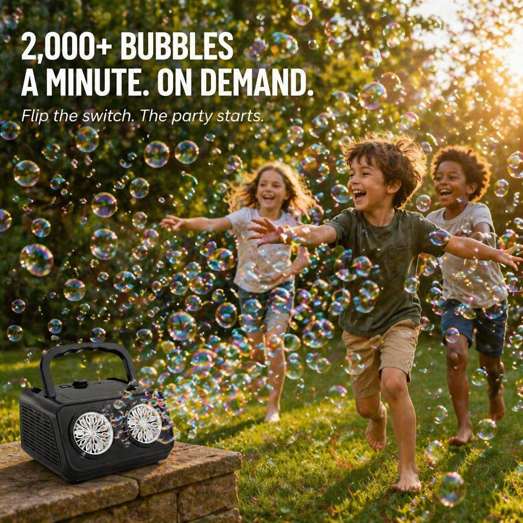 BubblyRush™ — Flood Any Backyard Party With a Twin-Disc Bubble Storm