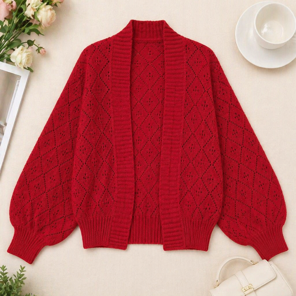 AerieLuxe™ – Open-Front Hollow Knit Shawl Cardigan with Lantern Sleeves