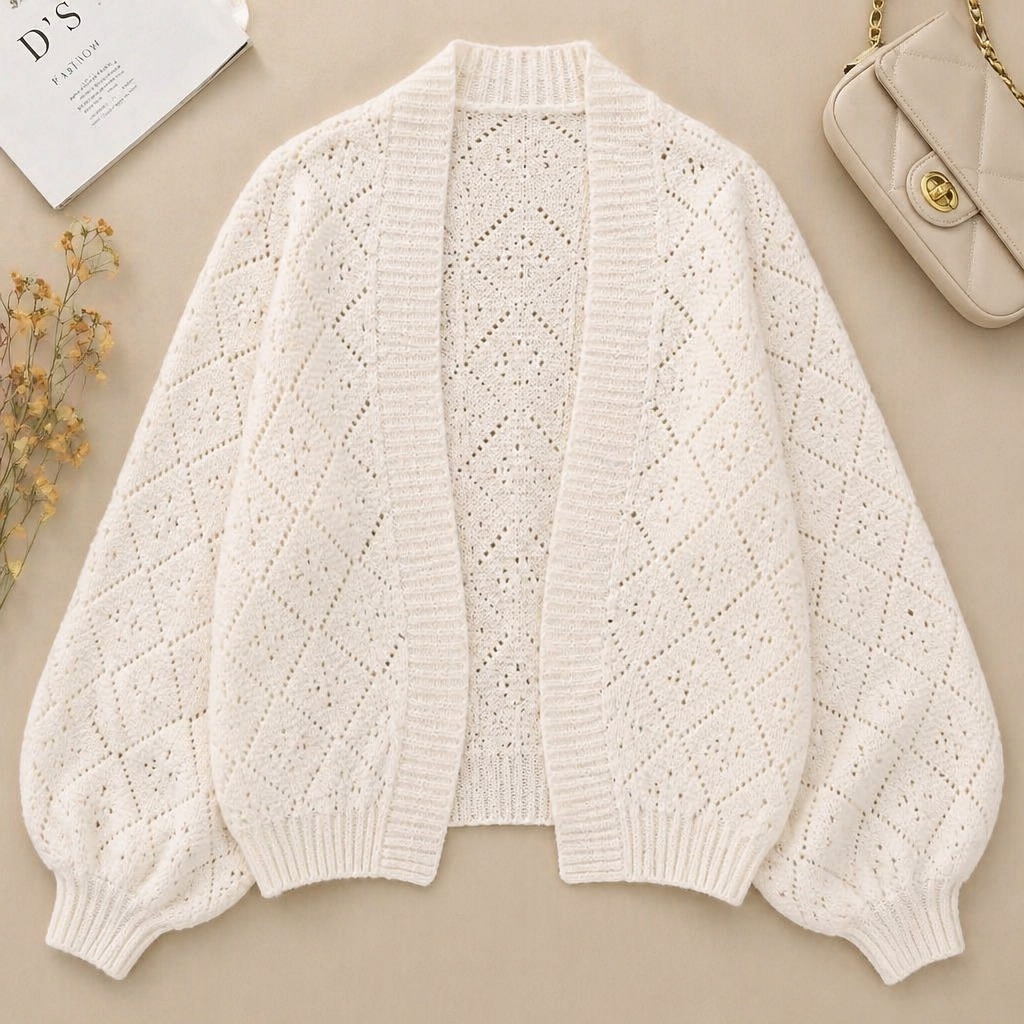 AerieLuxe™ – Open-Front Hollow Knit Shawl Cardigan with Lantern Sleeves