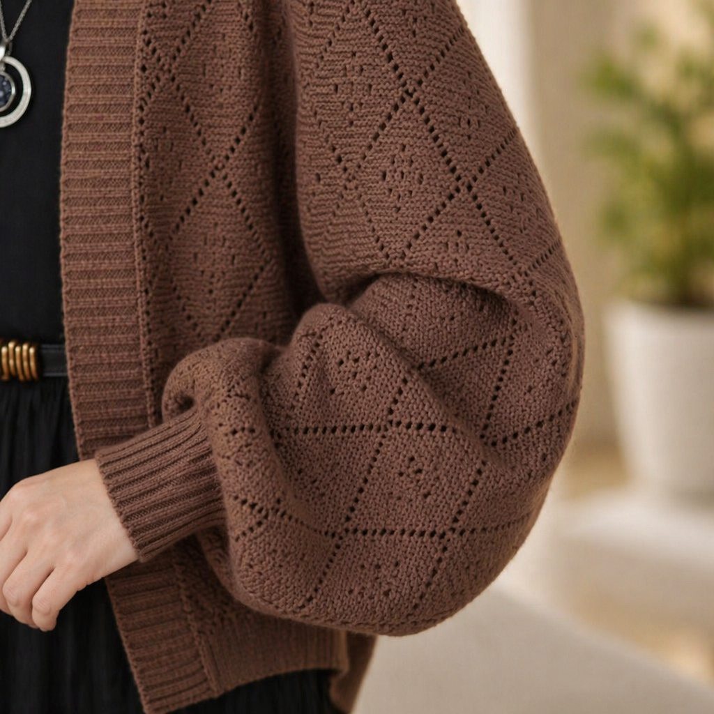 AerieLuxe™ – Open-Front Hollow Knit Shawl Cardigan with Lantern Sleeves