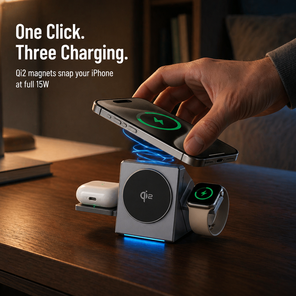 ChargeFlow™ — Snap Your iPhone, Watch & Headsets Onto One Foldable Qi2 Stand