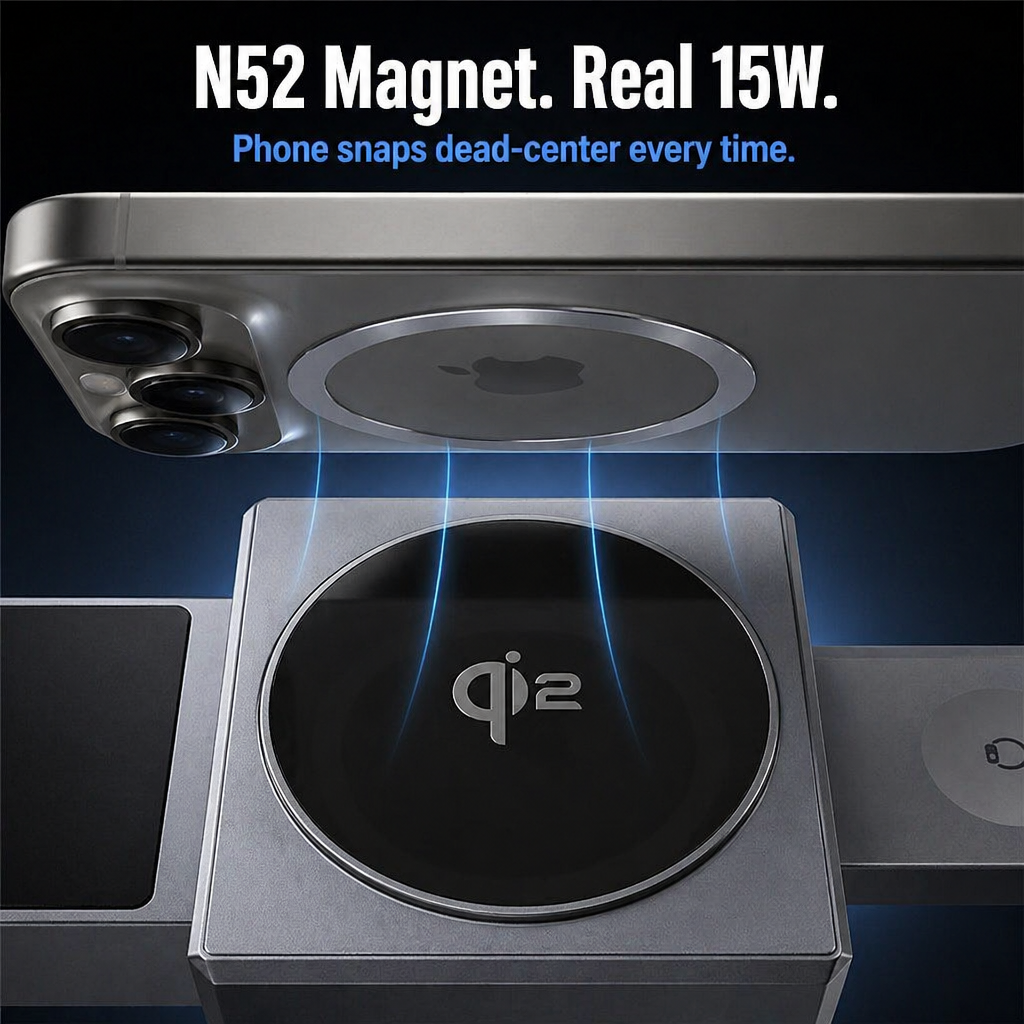 ChargeFlow™ — Snap Your iPhone, Watch & Headsets Onto One Foldable Qi2 Stand