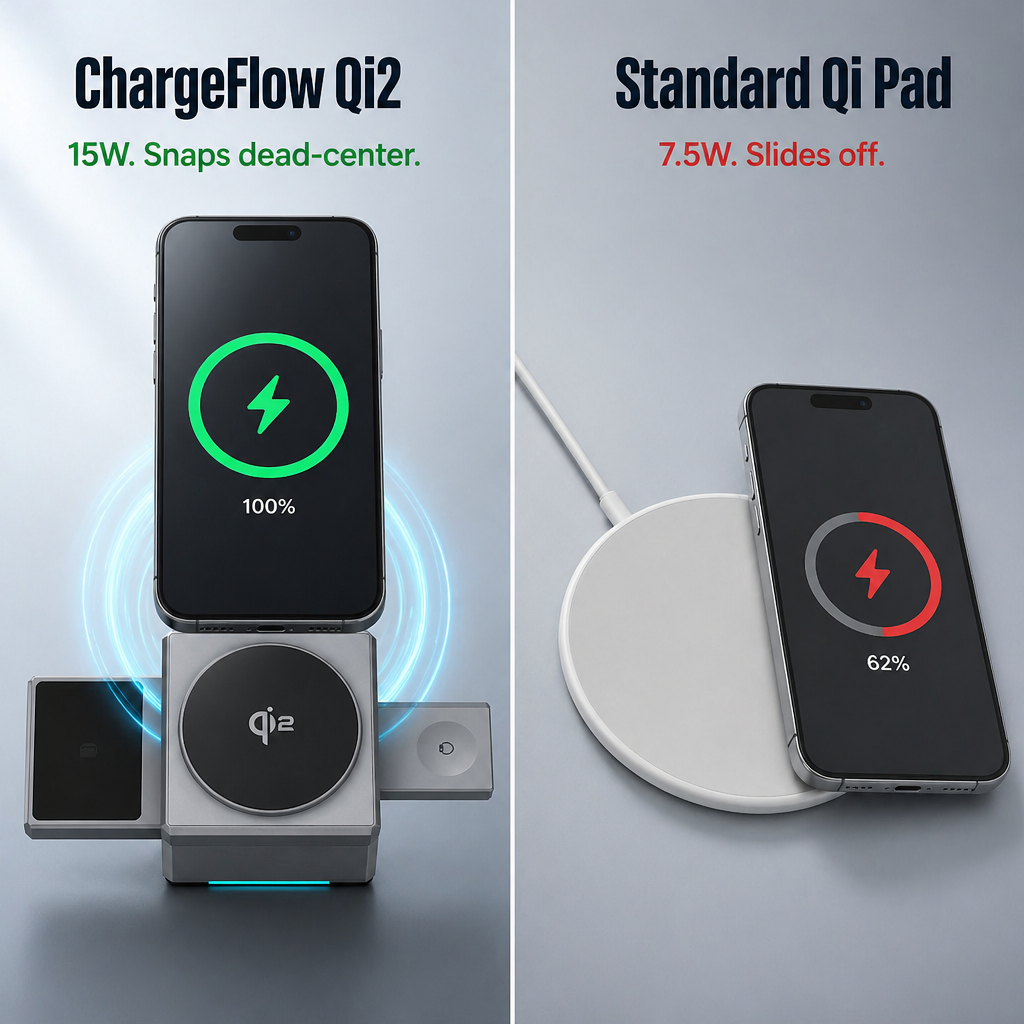 ChargeFlow™ — Snap Your iPhone, Watch & Headsets Onto One Foldable Qi2 Stand