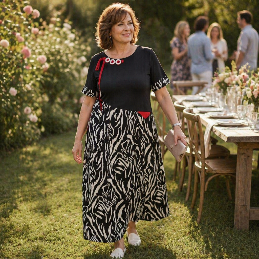 VeraNite™ – Bold Zebra Patchwork Maxi Dress with Red Accent Detail