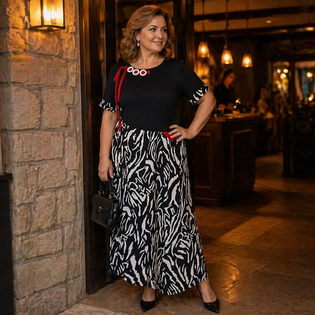 VeraNite™ – Bold Zebra Patchwork Maxi Dress with Red Accent Detail
