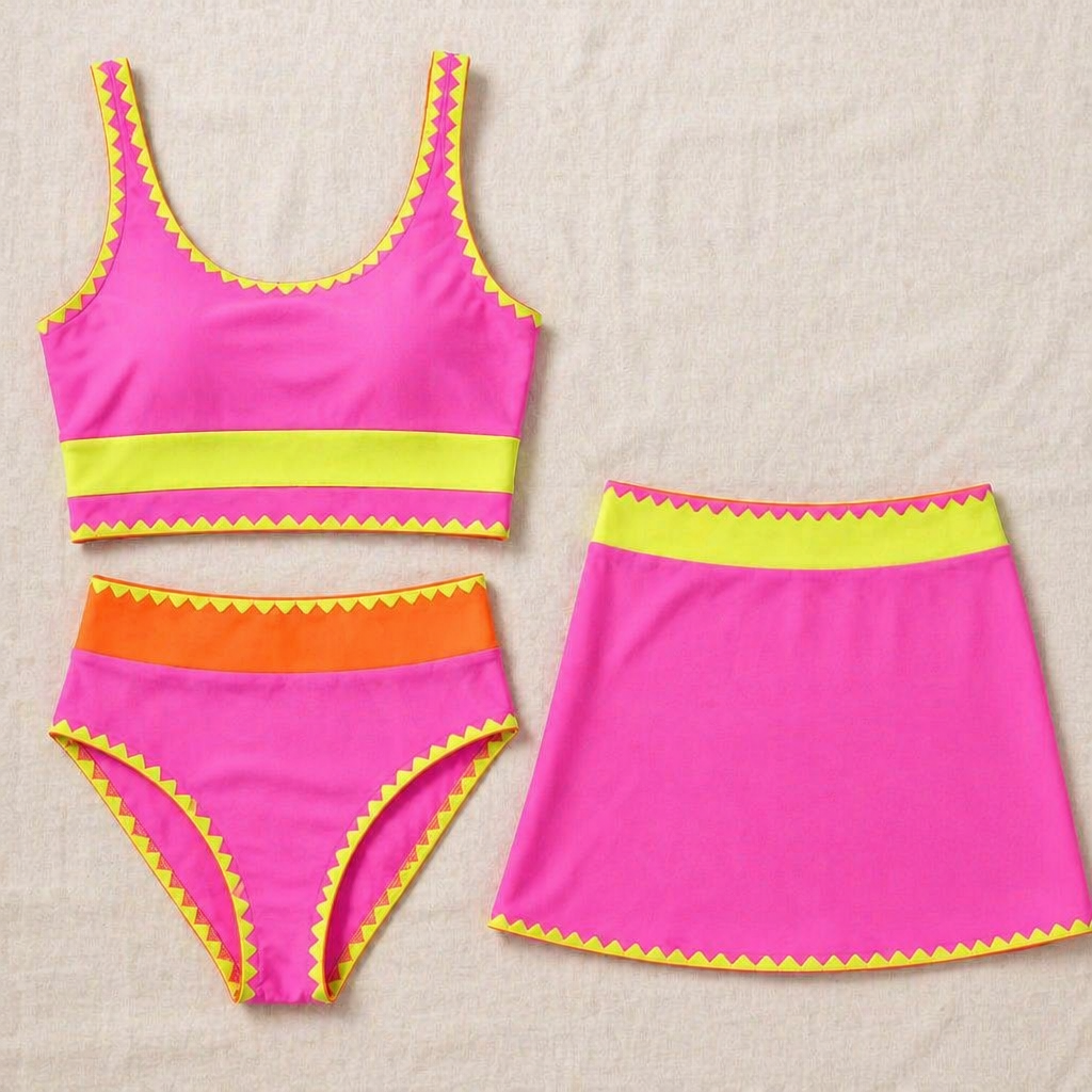 VelaAura™ – Bold Colorblock 3-Piece Sport Bikini & Swim Skirt Set