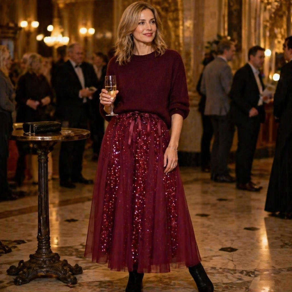 Soraya™ – Festive Sequin Tulle Midi Skirt & Cozy Knit Sweater Set
