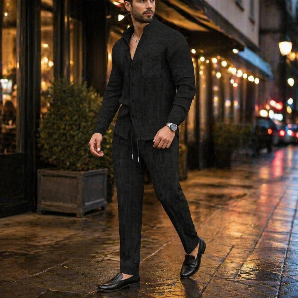 AnyWear™ – Relaxed Waffle-Knit Shirt & Pants Set with Mandarin Collar