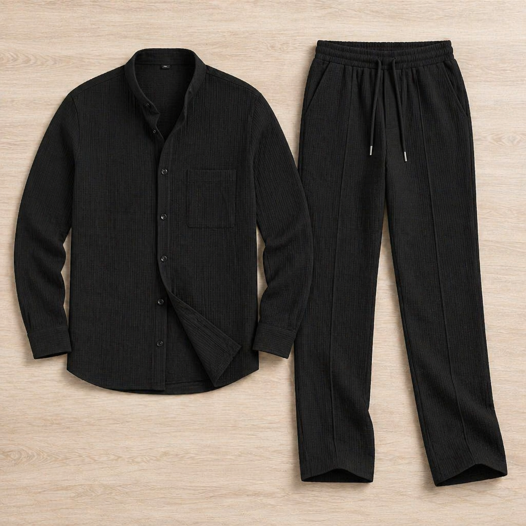 AnyWear™ – Relaxed Waffle-Knit Shirt & Pants Set with Mandarin Collar