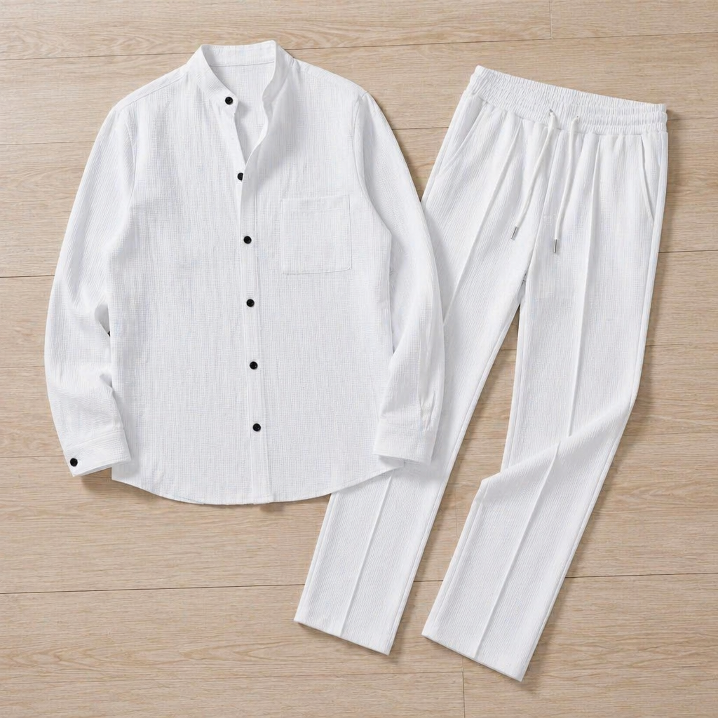 AnyWear™ – Relaxed Waffle-Knit Shirt & Pants Set with Mandarin Collar