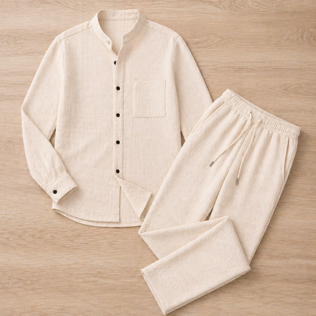 AnyWear™ – Relaxed Waffle-Knit Shirt & Pants Set with Mandarin Collar