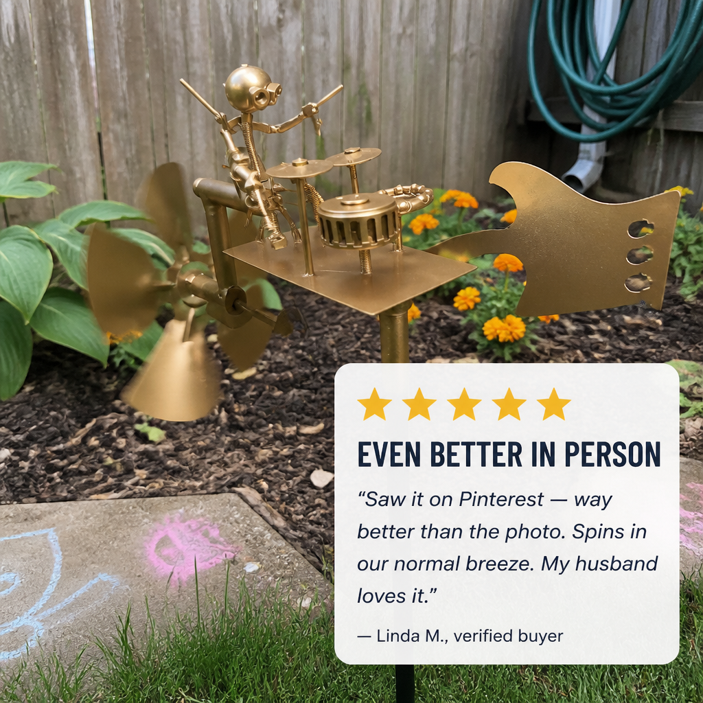 LunaRiff™ Kinetic Drummer Spinner — Turn Every Breeze Into a Backyard Rock Concert