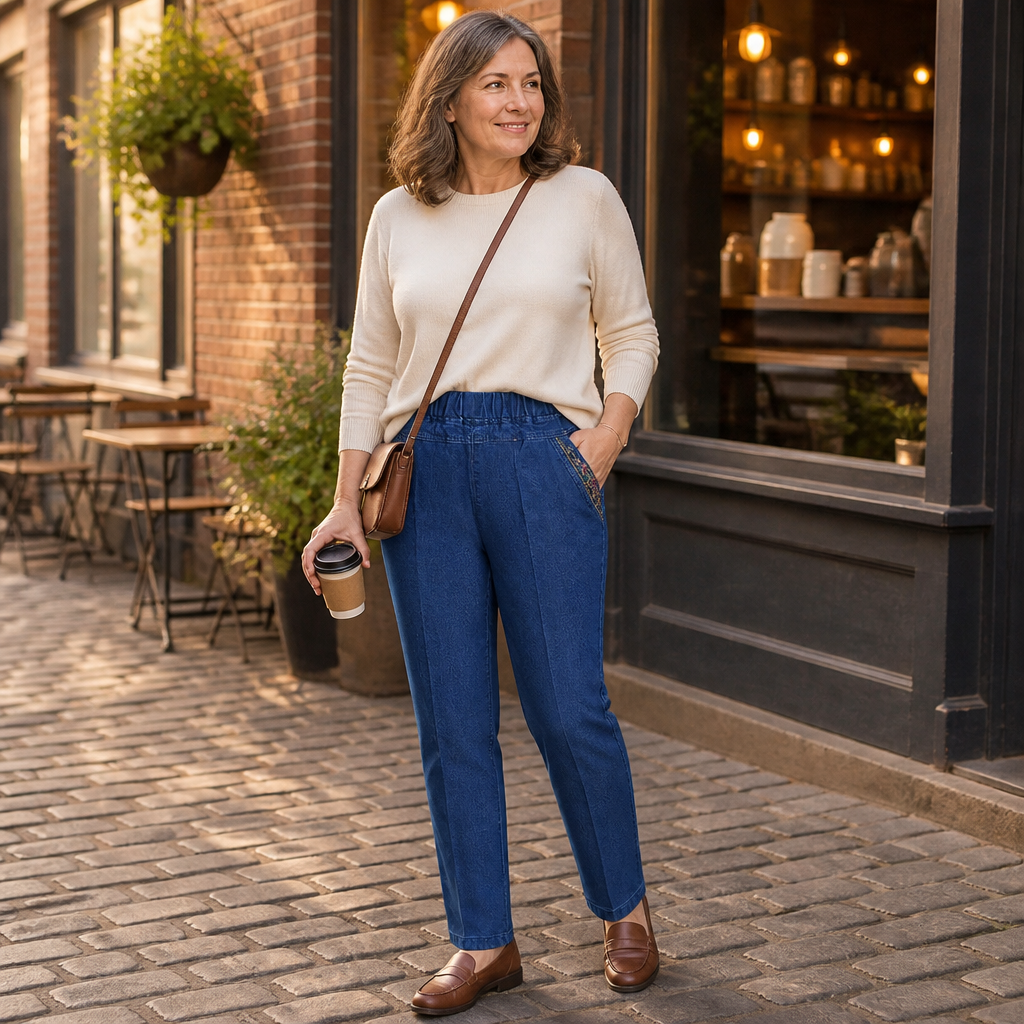 LuxeStride™ – Easy Pull-On Stretch Jeans with Embroidered Pocket Trim