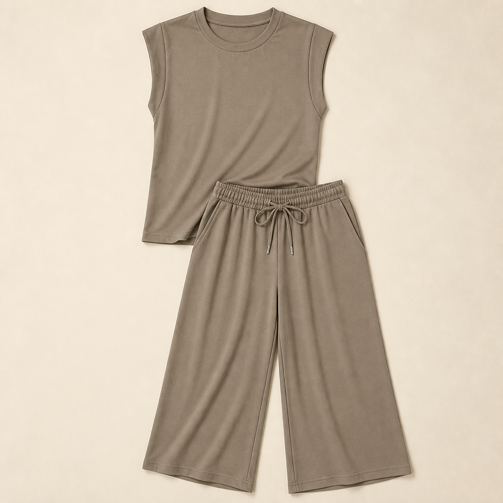 Aesthetic — matching set sold on effortless put-together vibe, not body transformation