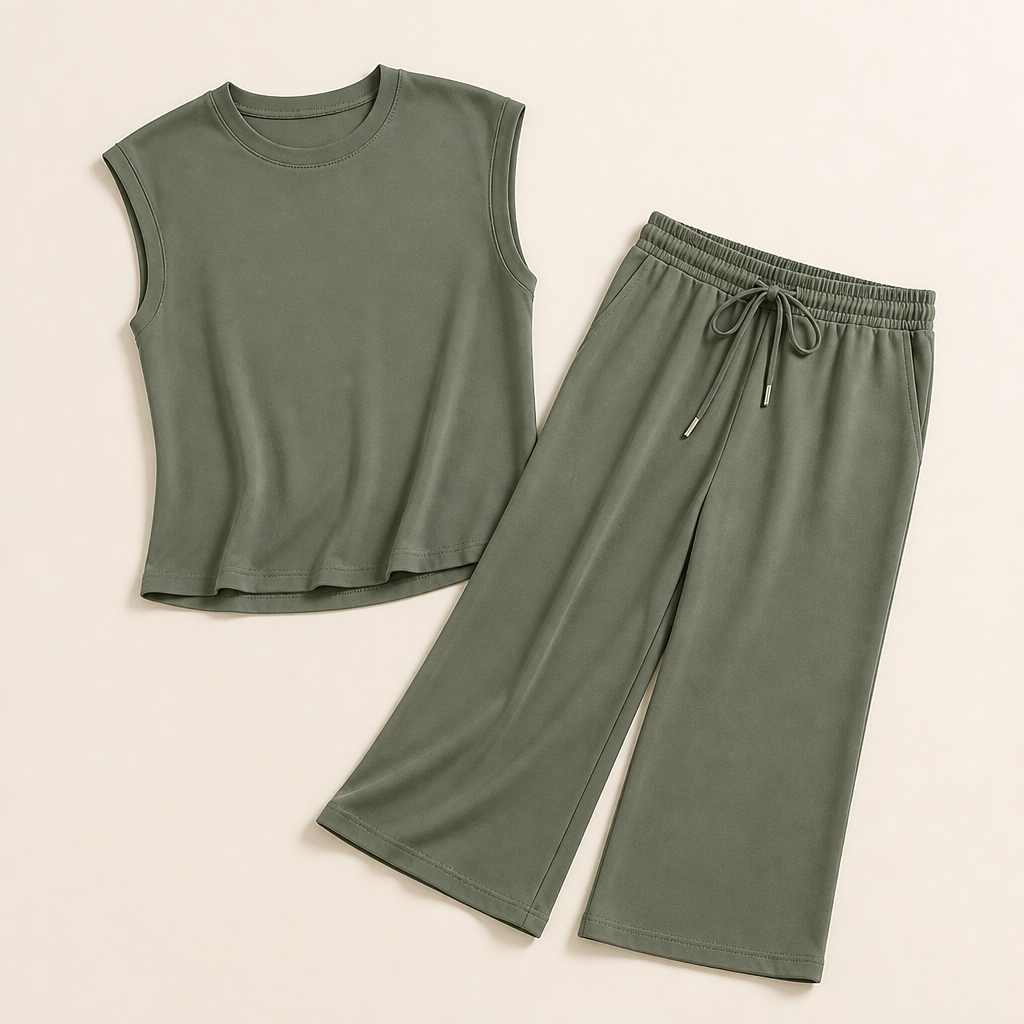 Aesthetic — matching set sold on effortless put-together vibe, not body transformation