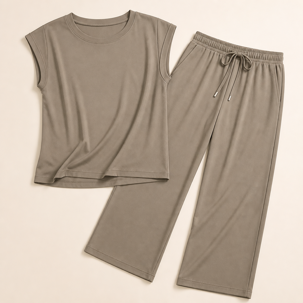Aesthetic — matching set sold on effortless put-together vibe, not body transformation