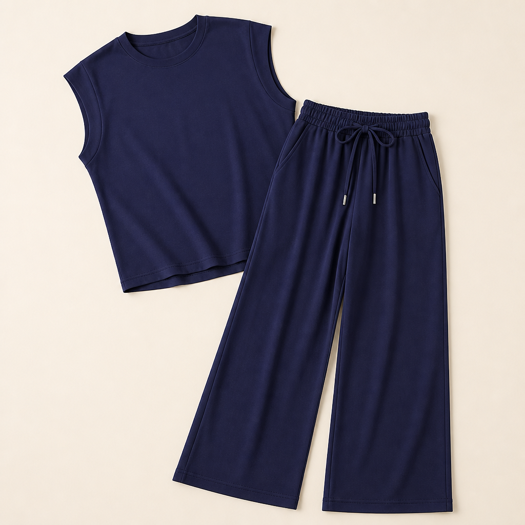 Aesthetic — matching set sold on effortless put-together vibe, not body transformation