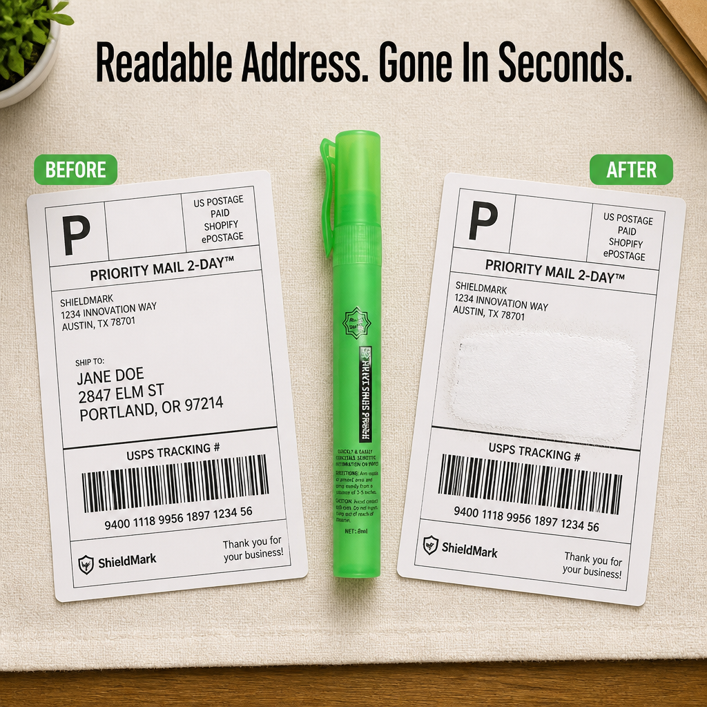 ShieldMark™ — Spray Names, Addresses & Barcodes Off Any Shipping Label