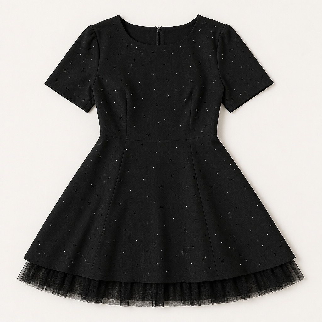 VeroLux™ – Rhinestone-Dotted Mini Dress with Layered Tulle Hem