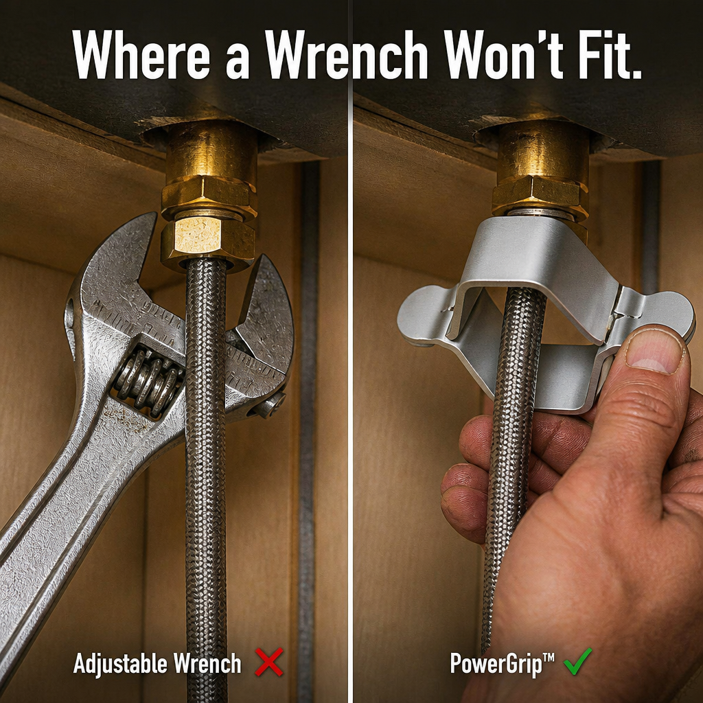 PowerGrip™ — Slide Around Supply Lines, Crank Off Stuck Faucet Nuts Fast