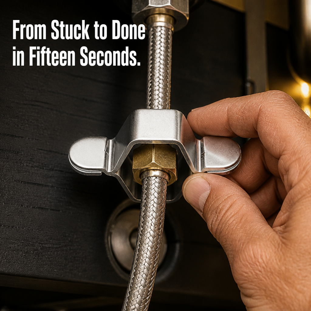 PowerGrip™ — Slide Around Supply Lines, Crank Off Stuck Faucet Nuts Fast