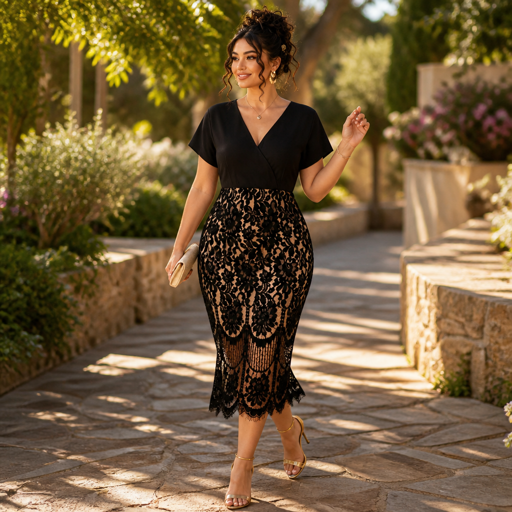 AriaLuxe™ – Curve-Defining Lace Midi Dress with V-Neck Wrap Bodice