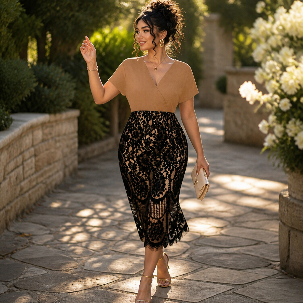 AriaLuxe™ – Curve-Defining Lace Midi Dress with V-Neck Wrap Bodice