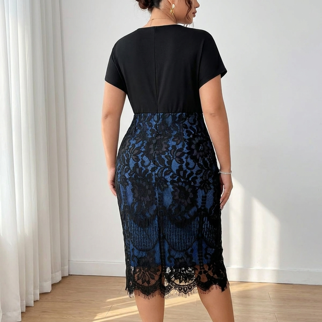 AriaLuxe™ – Curve-Defining Lace Midi Dress with V-Neck Wrap Bodice