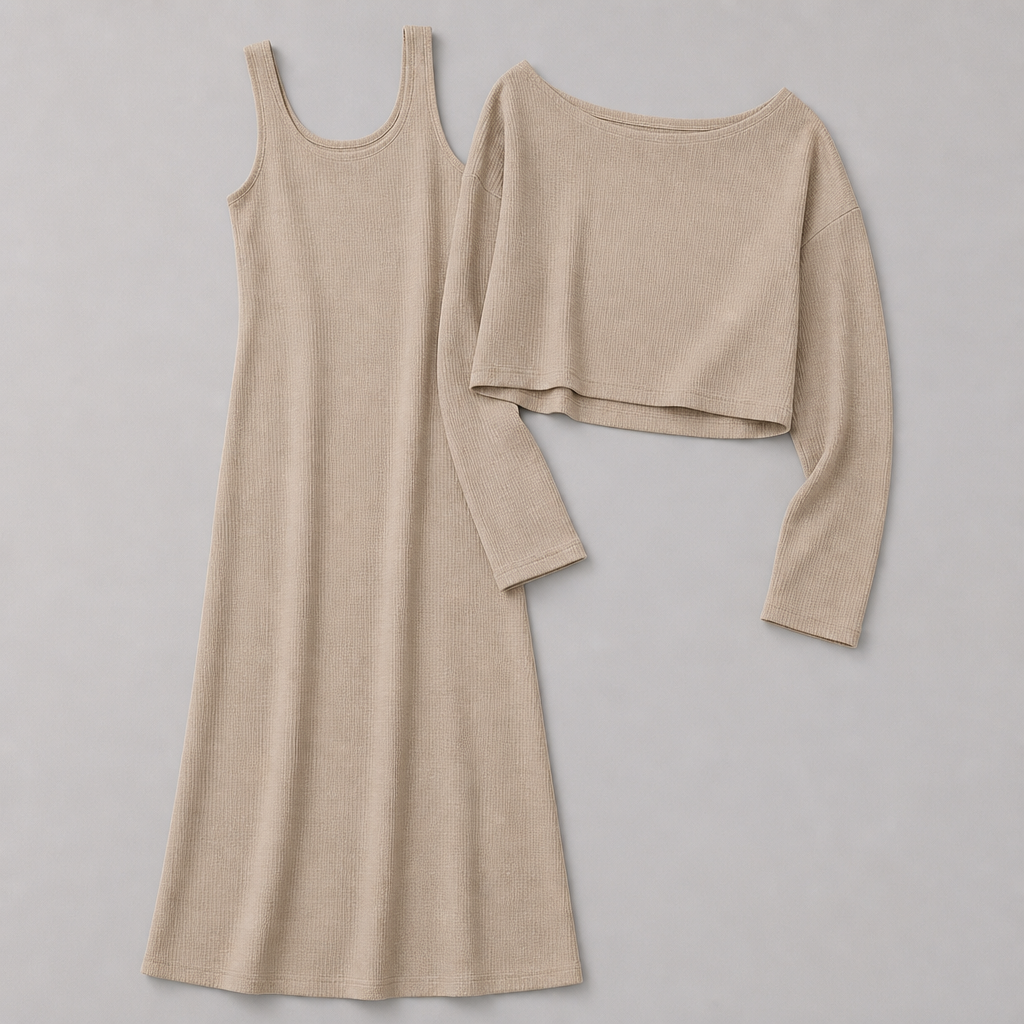 VeloraMist™ – Soft Knit Two-Piece Set with Layered Cropped Top