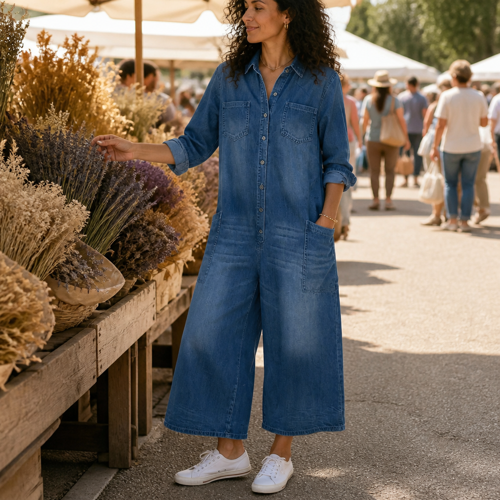 Flowease™ – Relaxed Wide-Leg Denim Jumpsuit with Button-Front Top