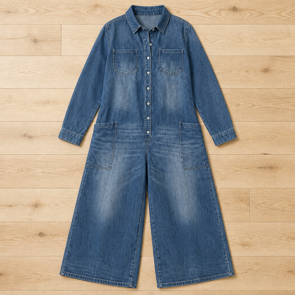 Flowease™ – Relaxed Wide-Leg Denim Jumpsuit with Button-Front Top