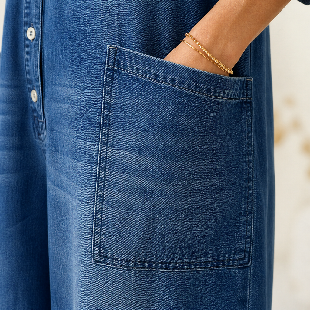 Flowease™ – Relaxed Wide-Leg Denim Jumpsuit with Button-Front Top